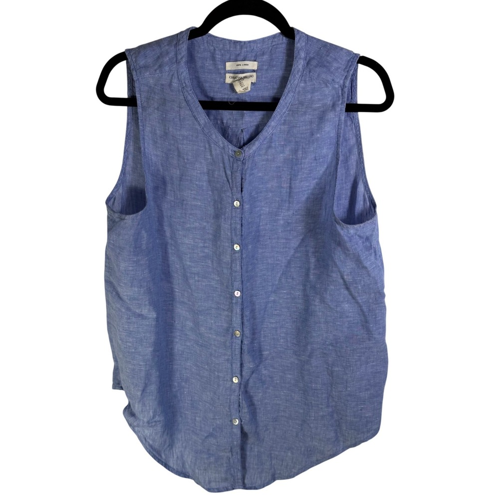 Christian Siriano Blue 100% Linen Sleeveless Button Front Blouse Top Large
